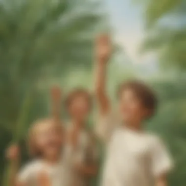 Young Ones Celebrating with Palm Branches Illustration of children waving palm branches