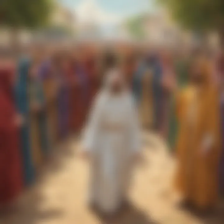 Illustration of crowd laying cloaks on the ground