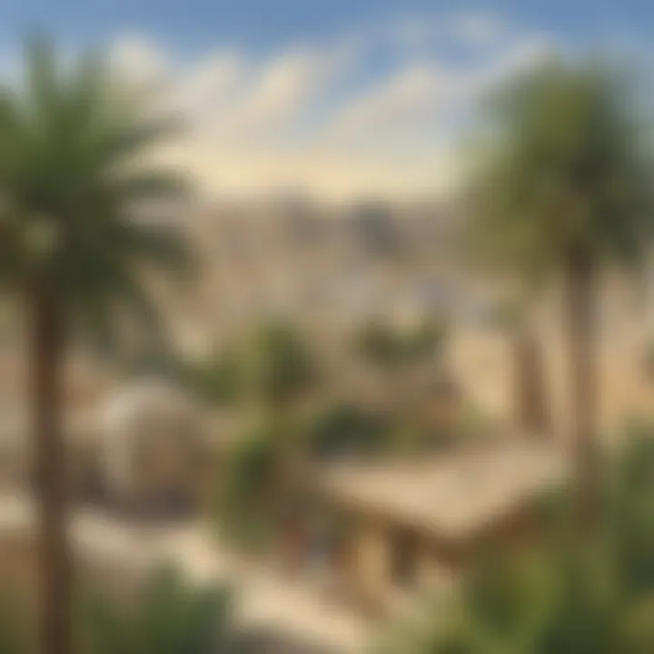 Illustration of Jerusalem cityscape with palm trees