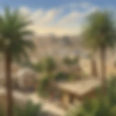 Scenic View of Jerusalem on Palm Sunday Illustration of Jerusalem cityscape with palm trees