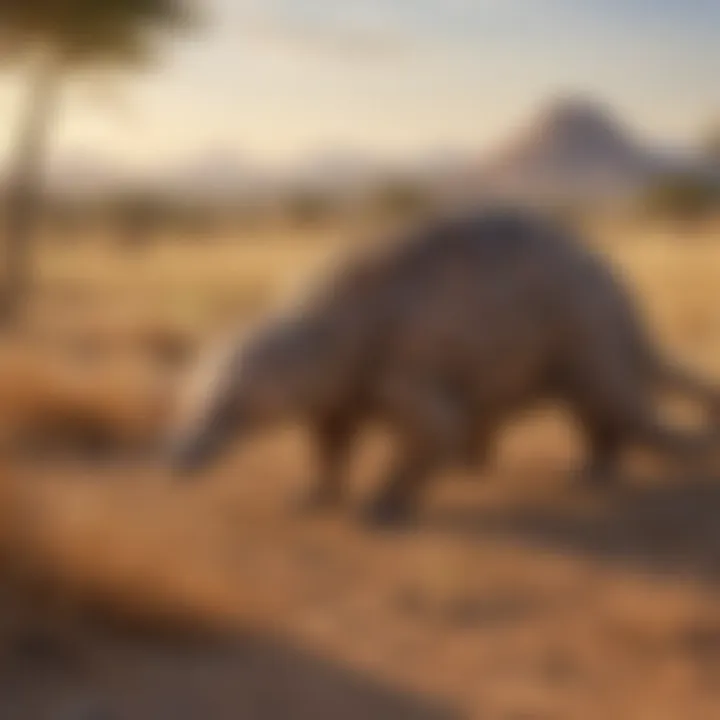 Pangolin roaming through savanna landscape