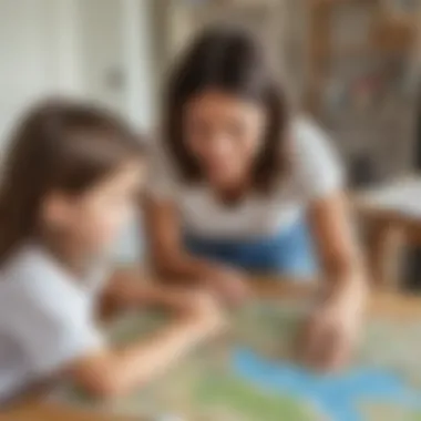 Parent assisting child with a customized hometown map puzzle.