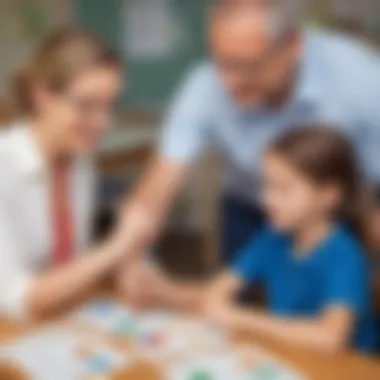 Illustration of a parent and a teacher collaborating on creating flashcards