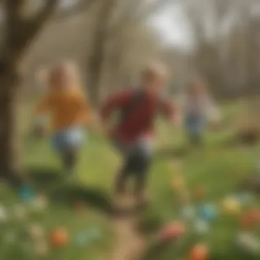 Children joyfully hunting for Easter eggs Children joyfully hunting for Easter eggs