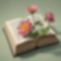 An open book of poetry with a delicate flower beside it