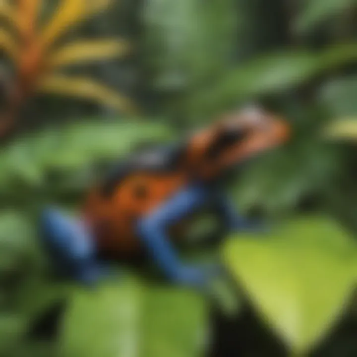 Colorful Poison Dart Frog hopping among tropical foliage