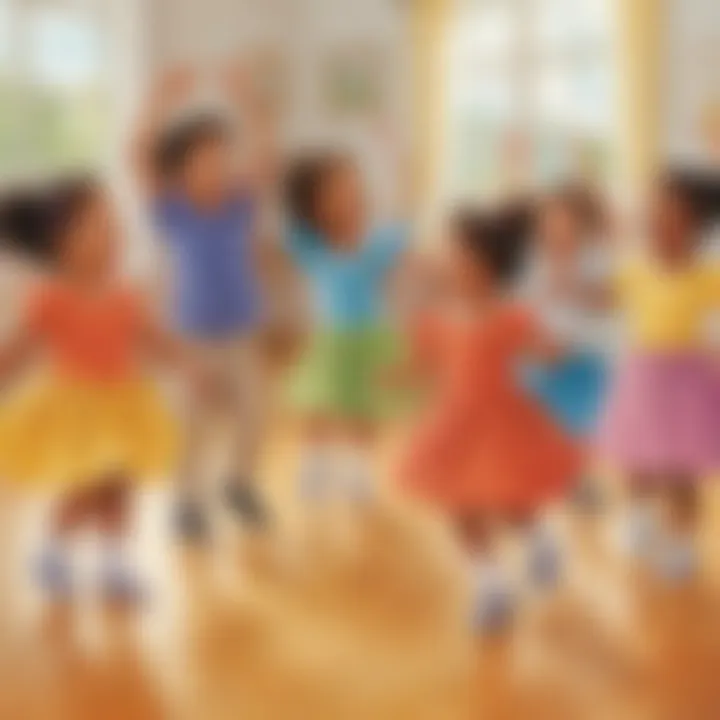 A group of preschoolers participating in a lively group dance.