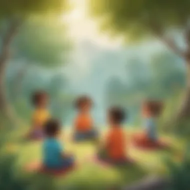 Illustration of preschoolers practicing mindfulness and relaxation