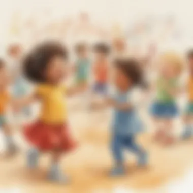 Illustration of preschoolers participating in a music and movement session