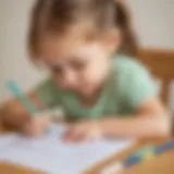 Child practicing handwriting on printable worksheet