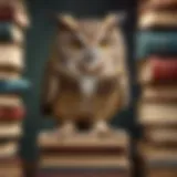 Curious owl exploring a stack of books