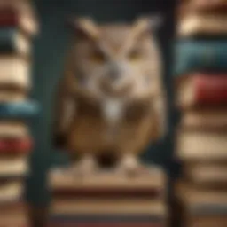 Curious owl exploring a stack of books