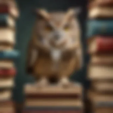 Curious owl exploring a stack of books