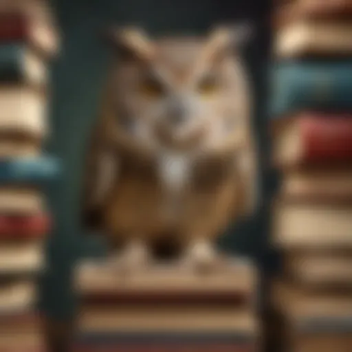 Curious owl exploring a stack of books