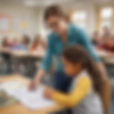 Assessment Review for Enhanced Learning An educator reviewing student assessments and documentation in a classroom.