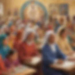 Colorful religious posters displayed in a classroom setting