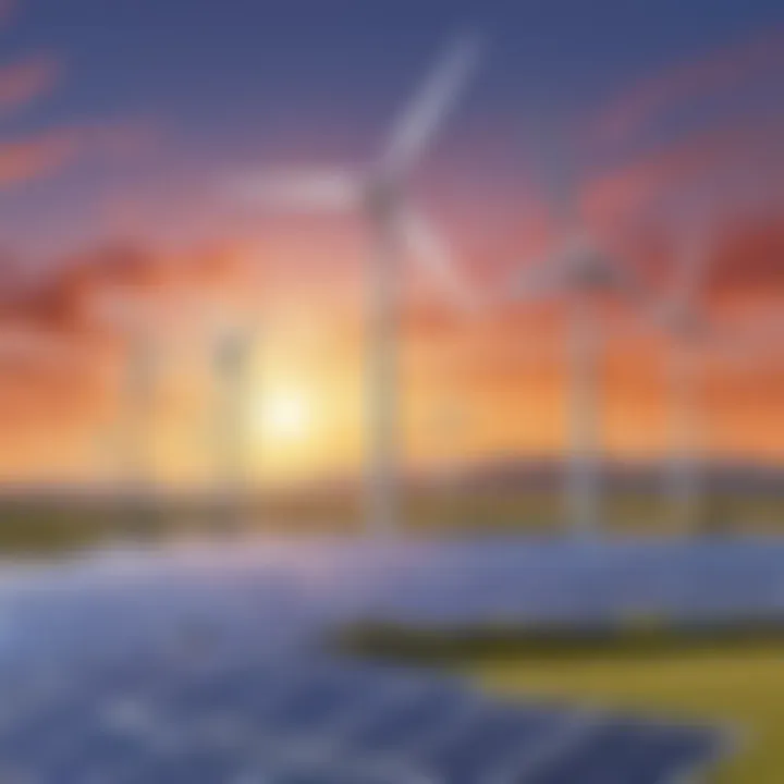 Illustration of renewable energy sources like wind turbines and solar panels