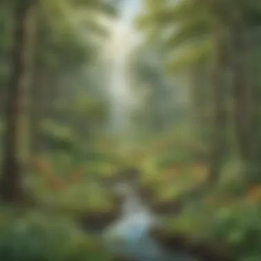 Illustration of a lush green forest with diverse wildlife