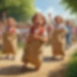 Children cheering and racing in sacks