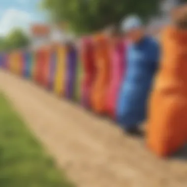 Sack race starting line with colorful sacks
