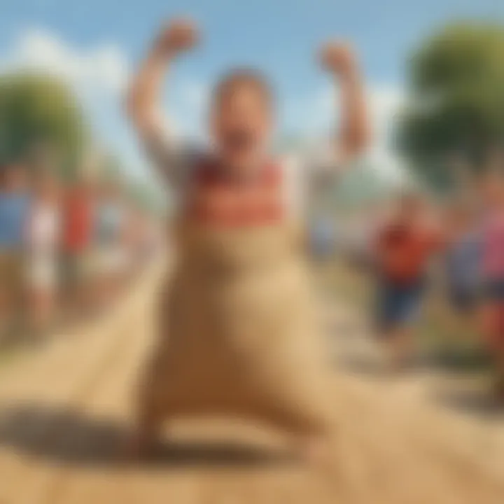 Winner crossing the finish line in a sack race