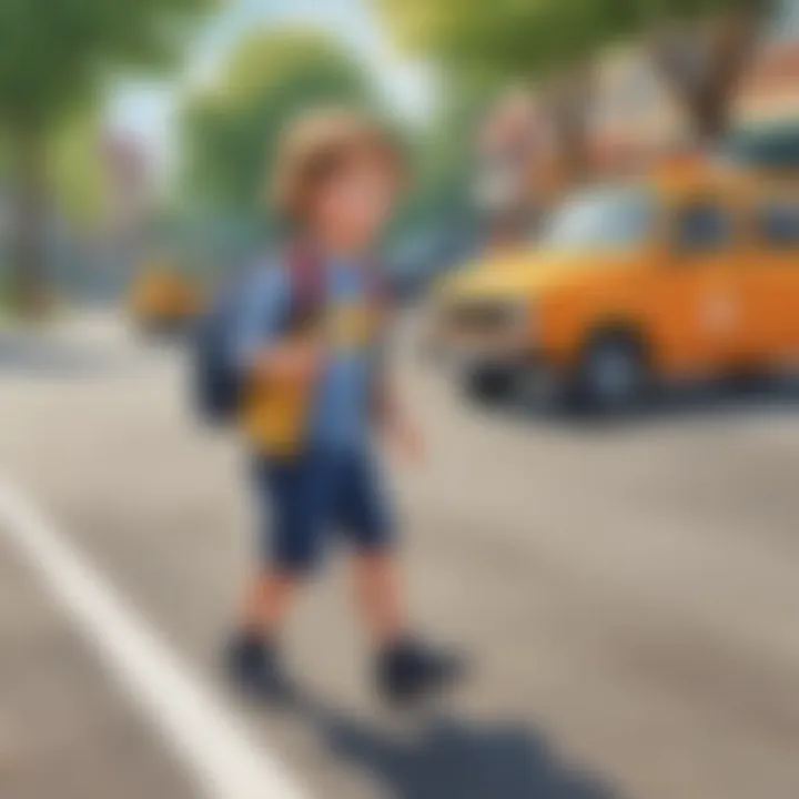 Illustration of kindergarten student practicing road safety