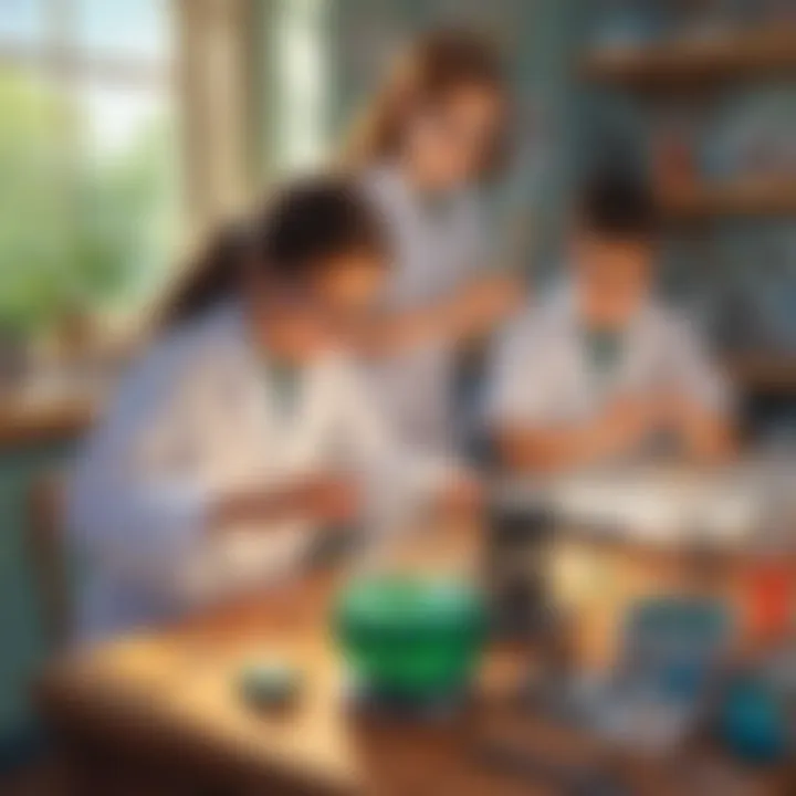 Illustration of kids conducting experiments in a science lab setting