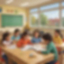 Illustration of kindergarten classroom setting with sentence structure activity