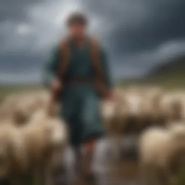 Illustration of a shepherd rescuing a lost sheep in a storm