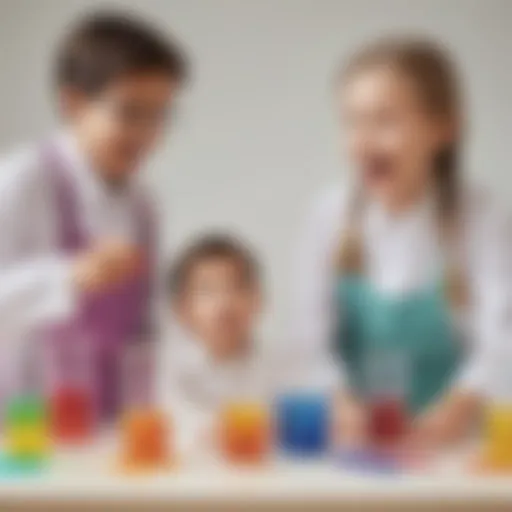 Children exploring a science experiment with colorful liquids