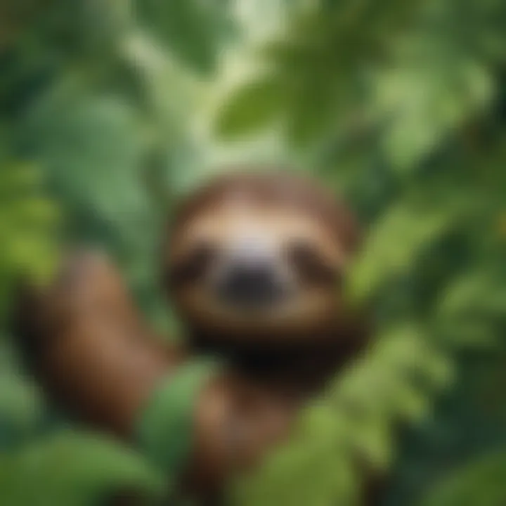 Sloth peeking out from between vibrant green leaves in a tropical jungle