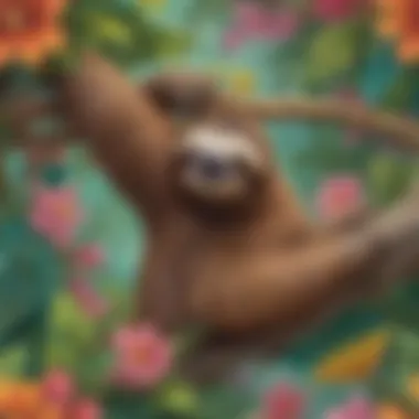 Sloth lazily moving along a branch surrounded by colorful flora and fauna