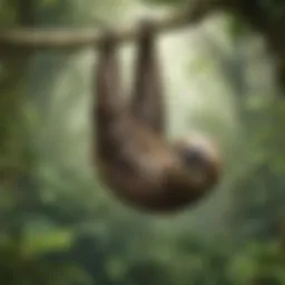 Majestic sloth hanging upside down from a tree branch in lush rainforest