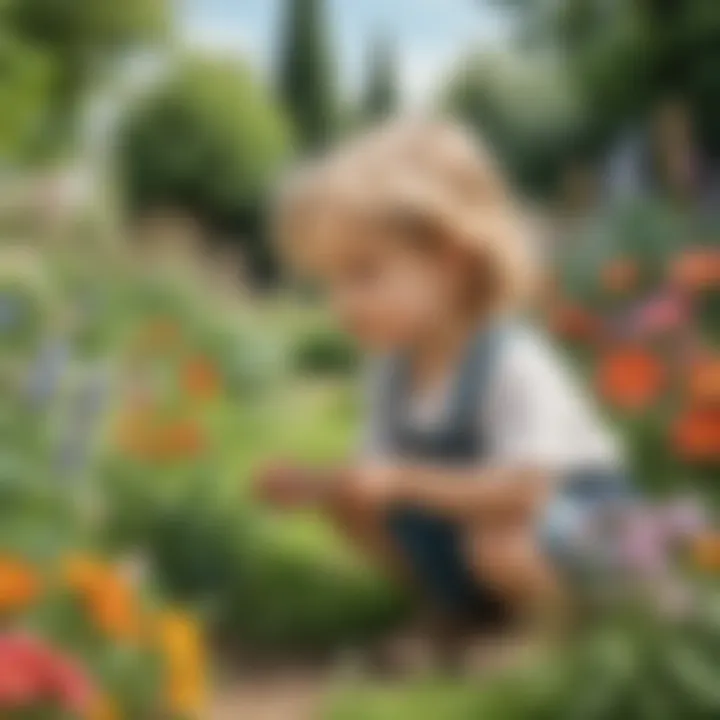 Preschooler smelling fresh flowers in a garden