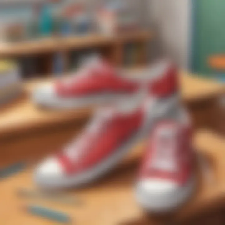 Close-up of comfortable sneakers in a classroom setting