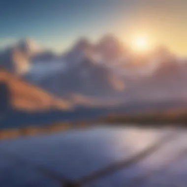 Solar Panels Amidst Majestic Peaks Solar panels reflecting sunlight against a backdrop of mountains