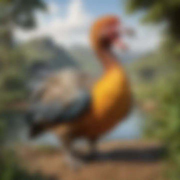Illustration of the dodo bird, a symbol of extinction, in its natural habitat.