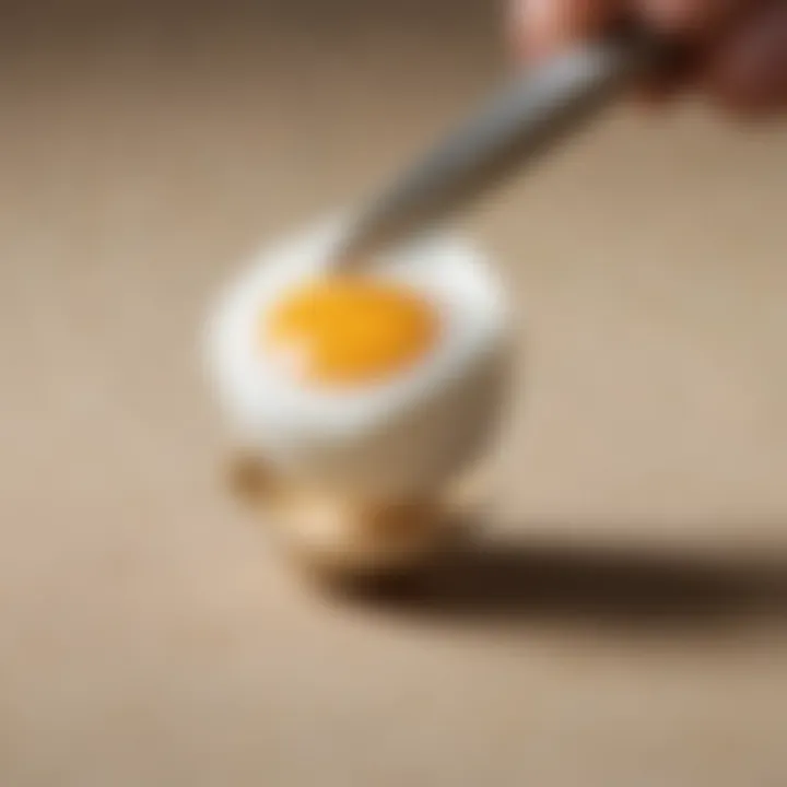 Close-up of a spoon with a balanced egg, demonstrating technique
