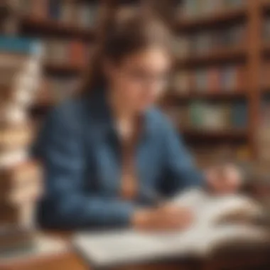 A student deeply engaged in formulating a research question with books and notes