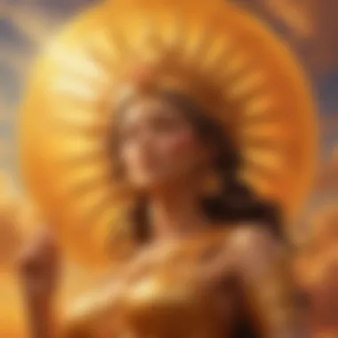 Divine Grace of the Sun Deity Majestic Sun Goddess Statue Against a Vibrant Sky