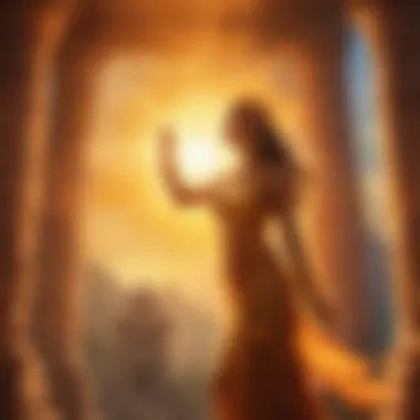 Ethereal Glow of the Sun Goddess Radiant Sunburst Over Ancient Temple Ruins