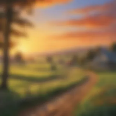 Sunrise over a rural farm landscape