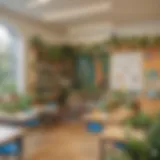 A vibrant classroom showcasing a sustainability display with plants and educational materials.