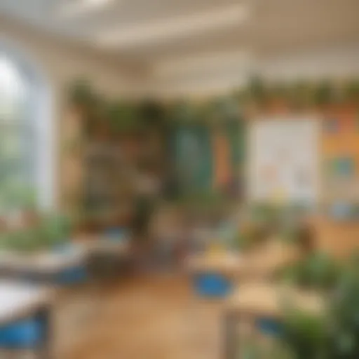 A vibrant classroom showcasing a sustainability display with plants and educational materials.