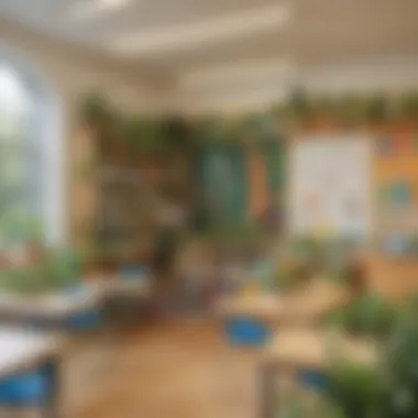 Vibrant Sustainability Display in a Classroom A vibrant classroom showcasing a sustainability display with plants and educational materials.