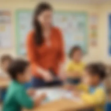 Interactive CVC Instruction Illustration of a teacher guiding kindergarten students in CVC words practice