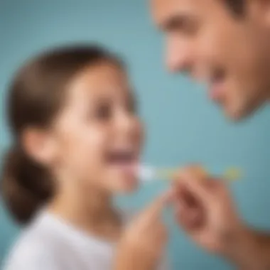 Demonstrating Correct Technique Parent showing proper tooth brushing technique