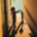 Silhouette of a child reaching for a shadow on a sunny day