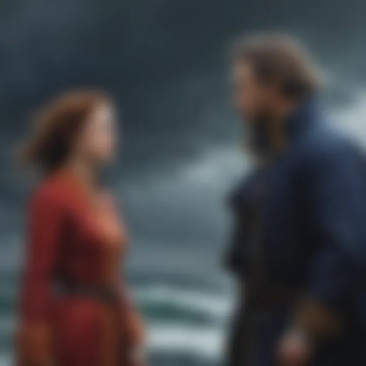 Intriguing dialogue between characters in a stormy backdrop