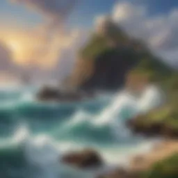 Mysterious island setting with crashing waves